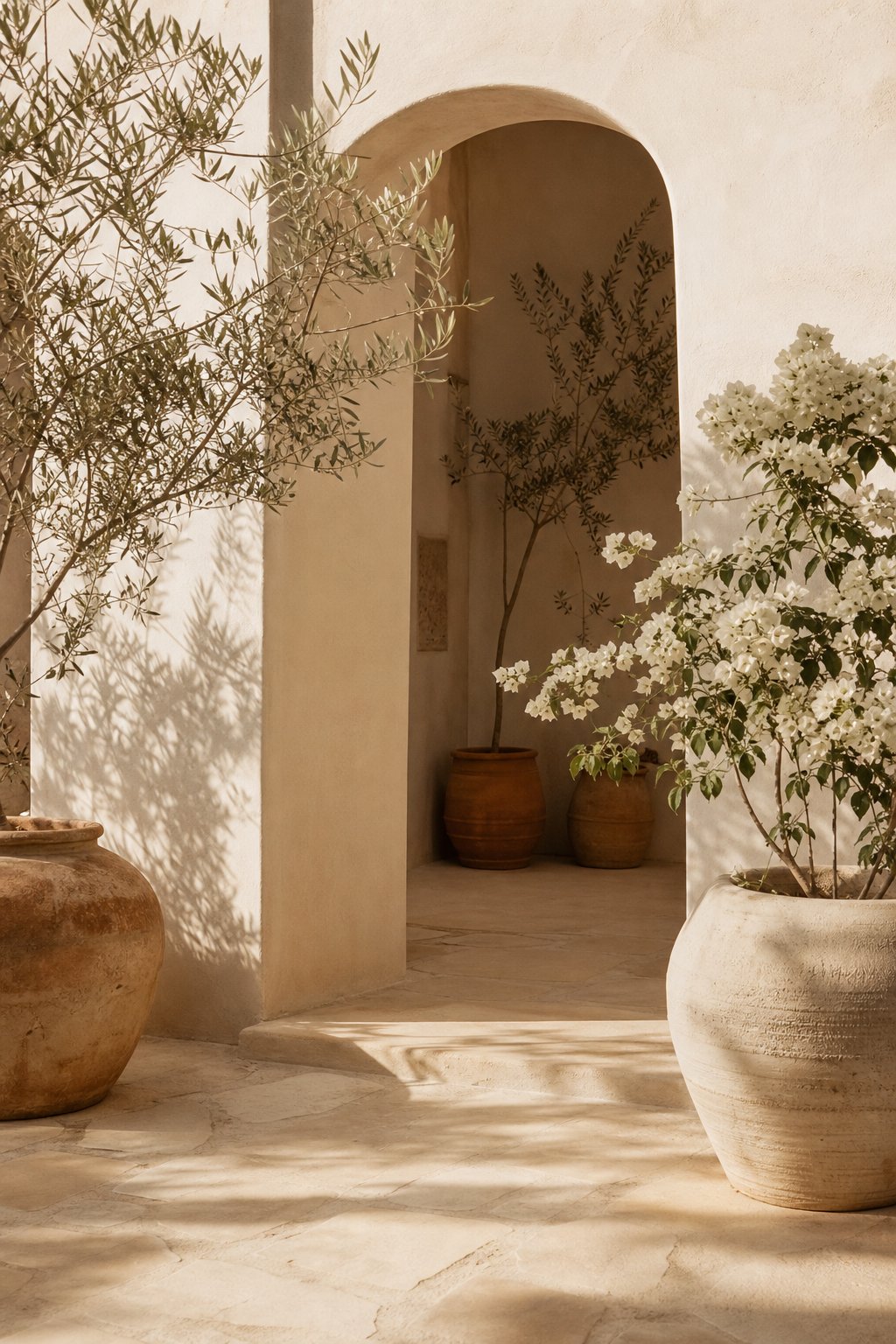 Sunlit courtyard with arched doorway and flowering plants — SANJHH BY AM campaign backdrop