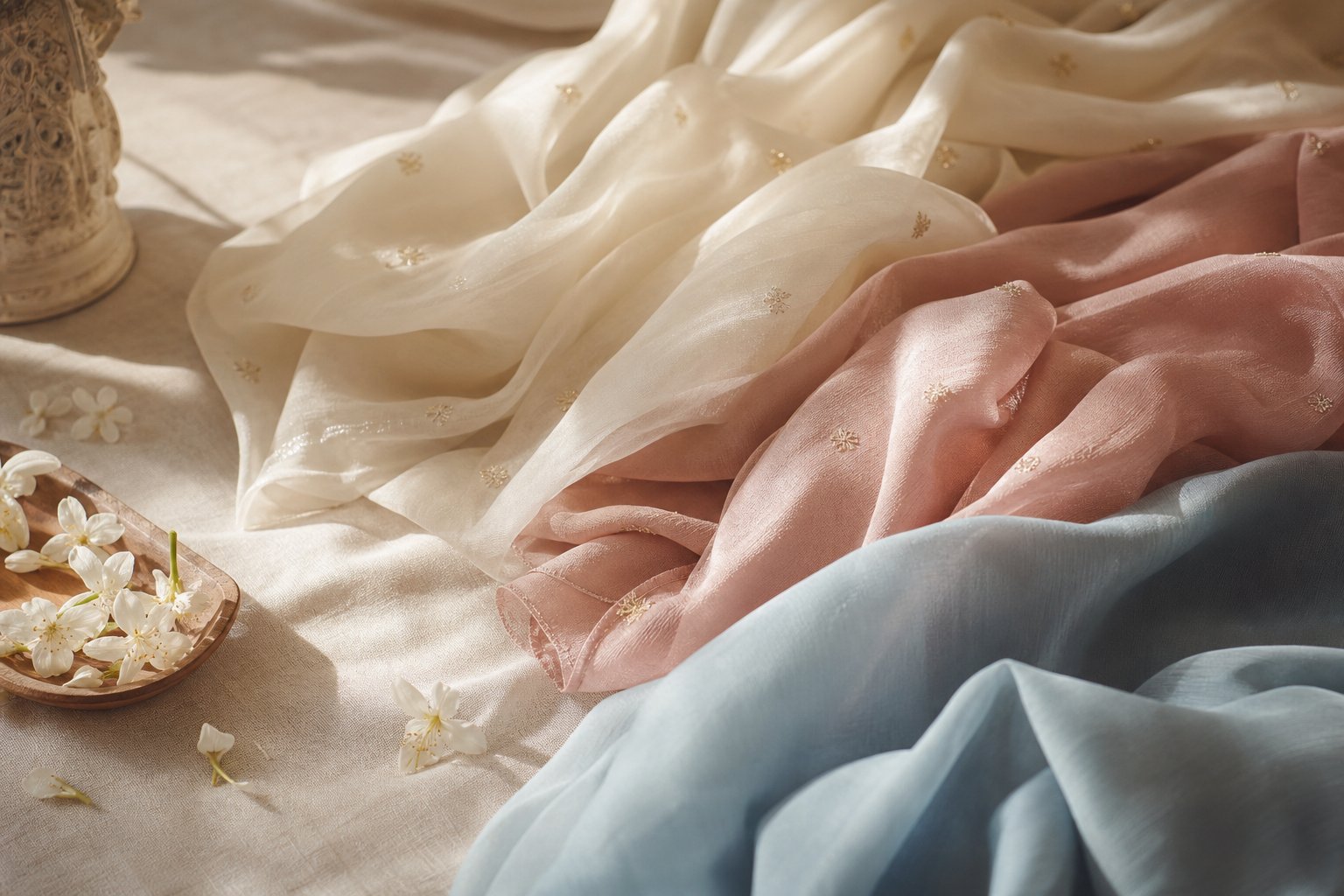 Softly draped fabrics in ivory, rose and powder blue — SANJHH BY AM campaign still life