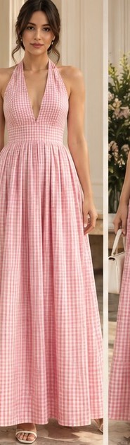 SANJHH BY AM — Rosé Belle Gingham Dress, pink gingham halter maxi dress